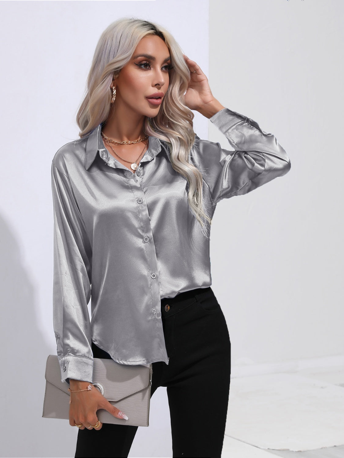 Collared Neck Buttoned Long Sleeve Shirt