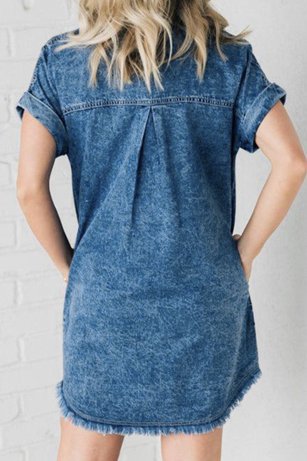 Raw Hem Pocketed Cap Sleeve Denim Dress