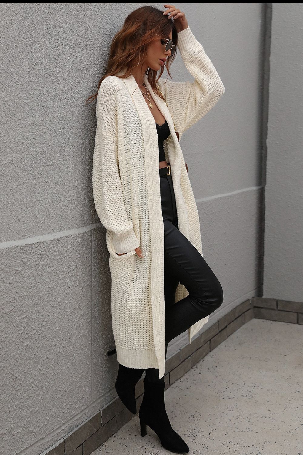 Waffle Knit Open Front Duster Cardigan With Pockets