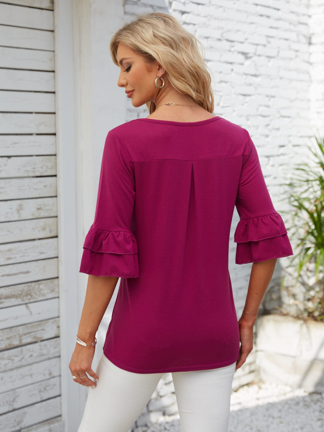 Ruffled Suqare Neck Half Sleeve Blouse