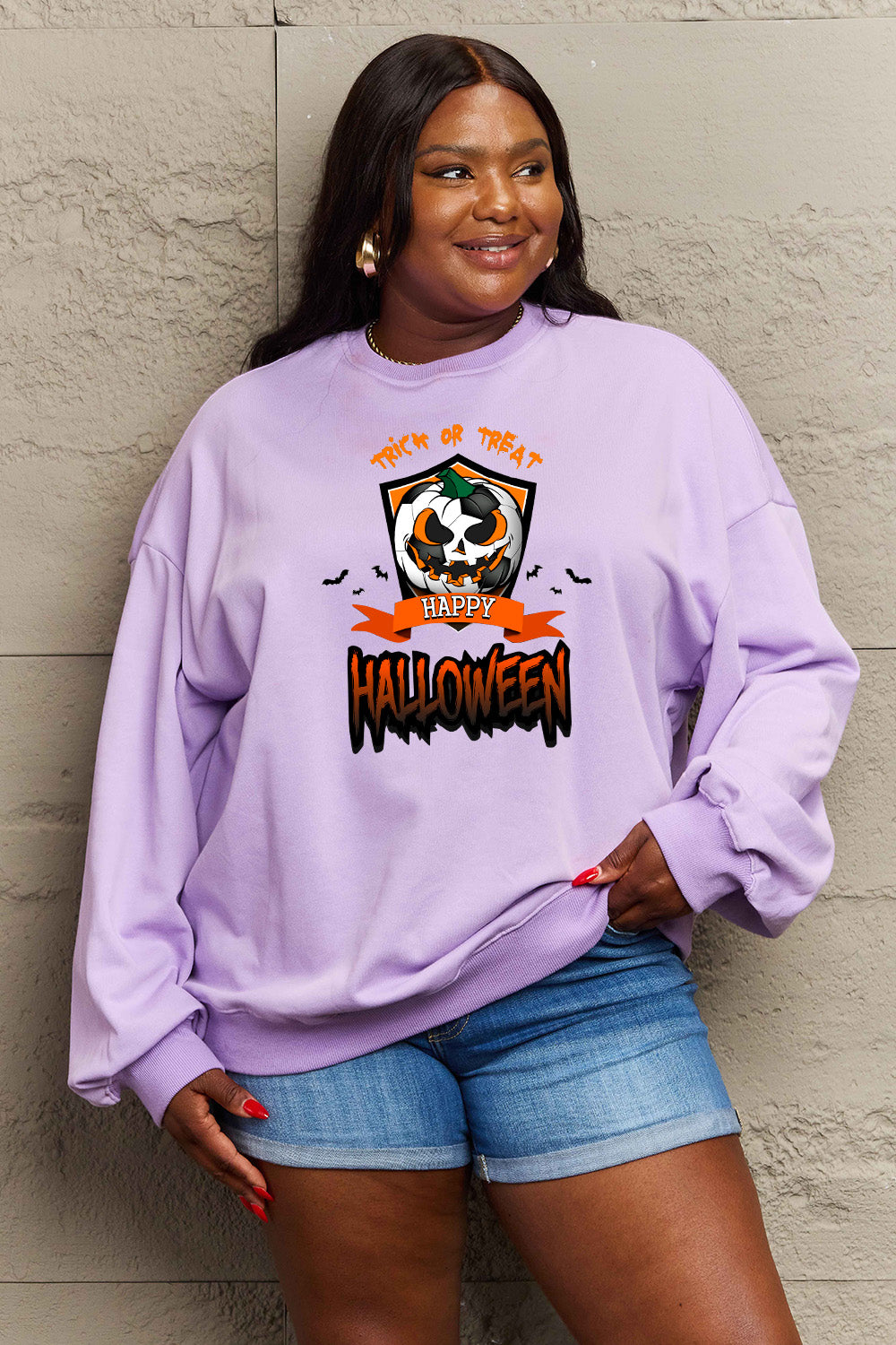 Simply Love Full Size TRICK OR TREAT HAPPY HALLOWEEN Graphic Sweatshirt