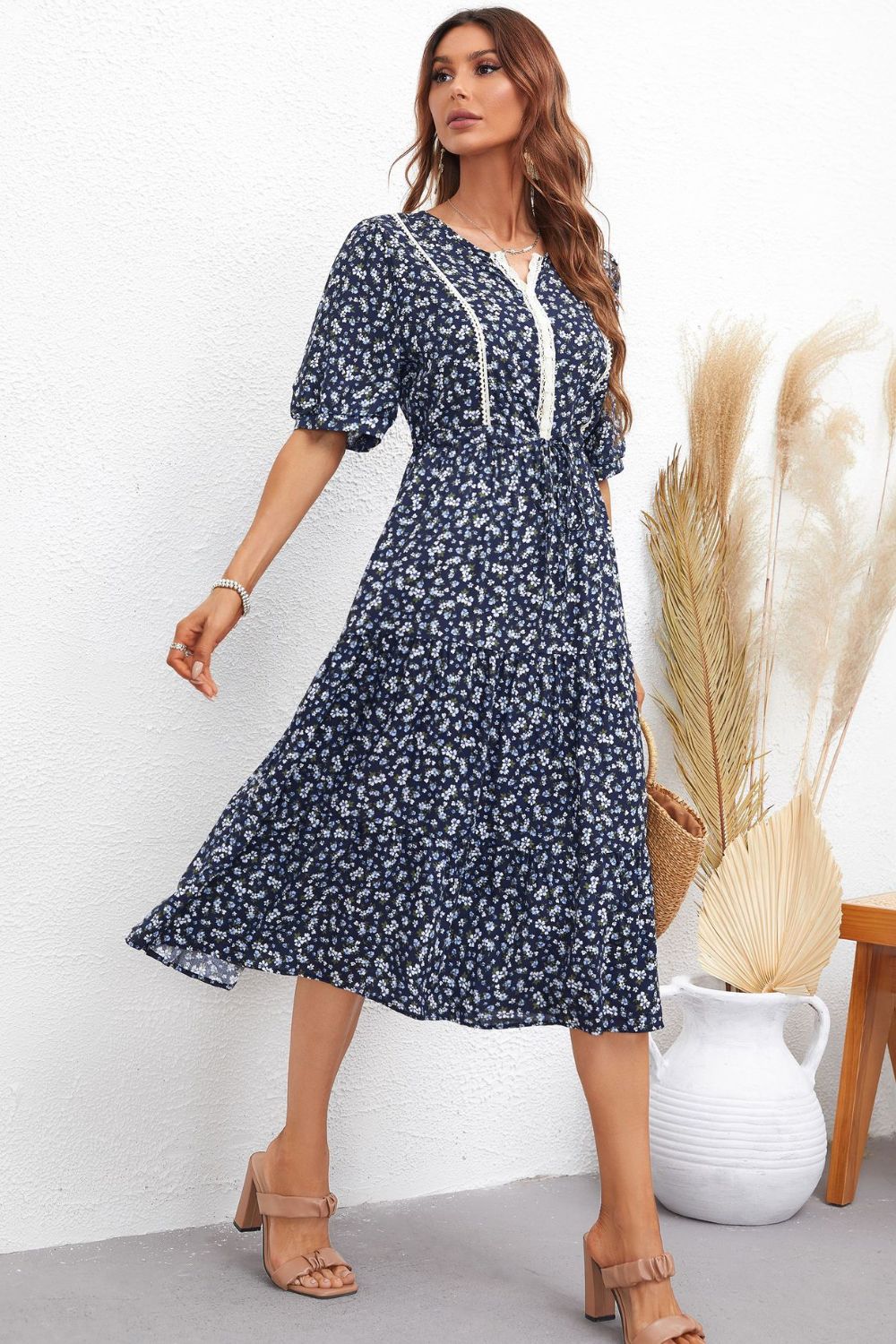 Floral Notched Neck Lace Trim Midi Dress