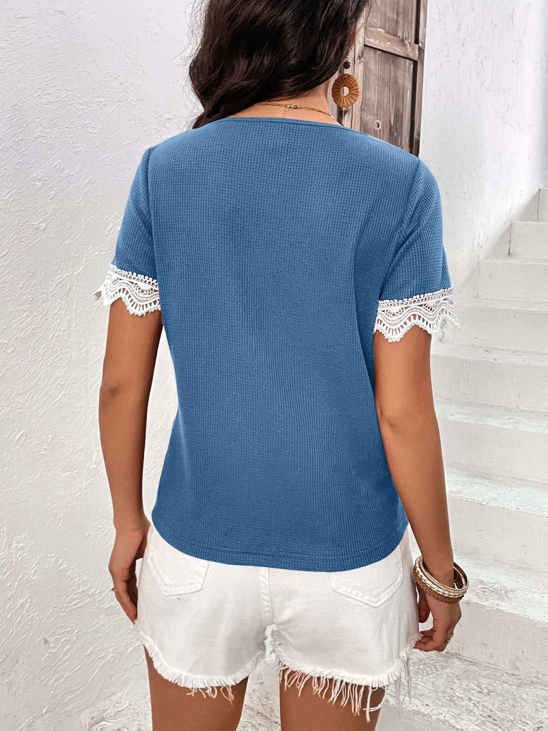 Lace Detail V-Neck Short Sleeve T-Shirt