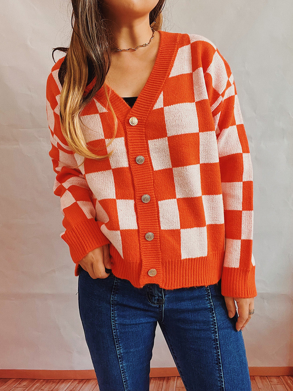 Checkered Open Front Button Up Cardigan