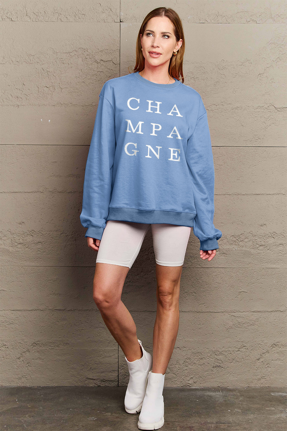 Simply Love Full Size CHAMPAGNE Graphic Long Sleeve Sweatshirt