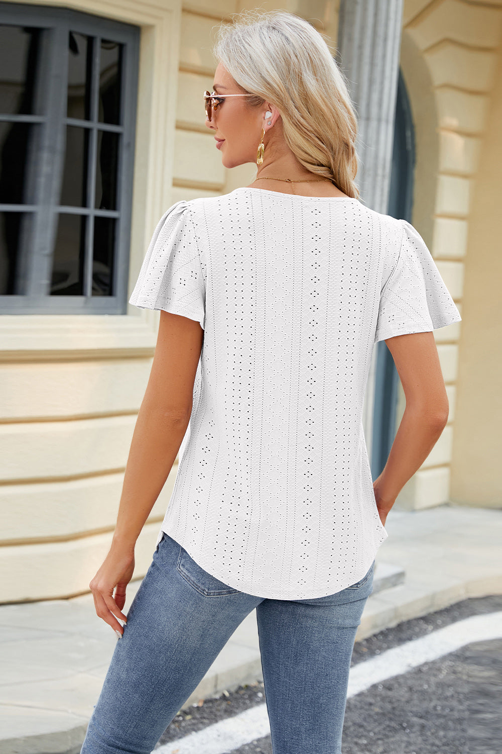 Eyelet Square Neck Short Sleeve T-Shirt