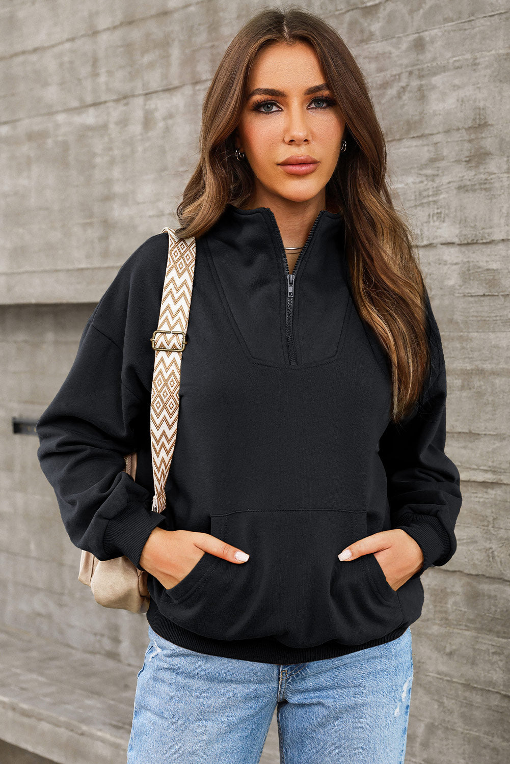 Half Zip Drop Shoulder Sweatshirt and Pocket