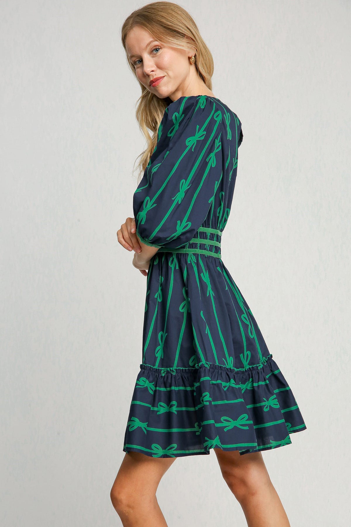 Ribbon Print Frill Contrast Velvet Trim Half Sleeve Dress