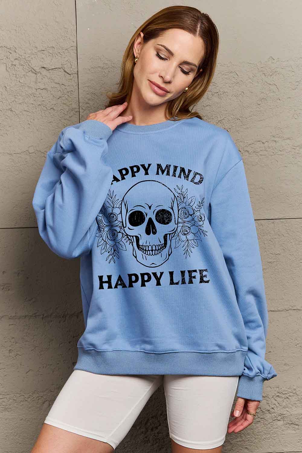 Simply Love Simply Love Full Size HAPPY MIND HAPPY LIFE SKULL Graphic Sweatshirt