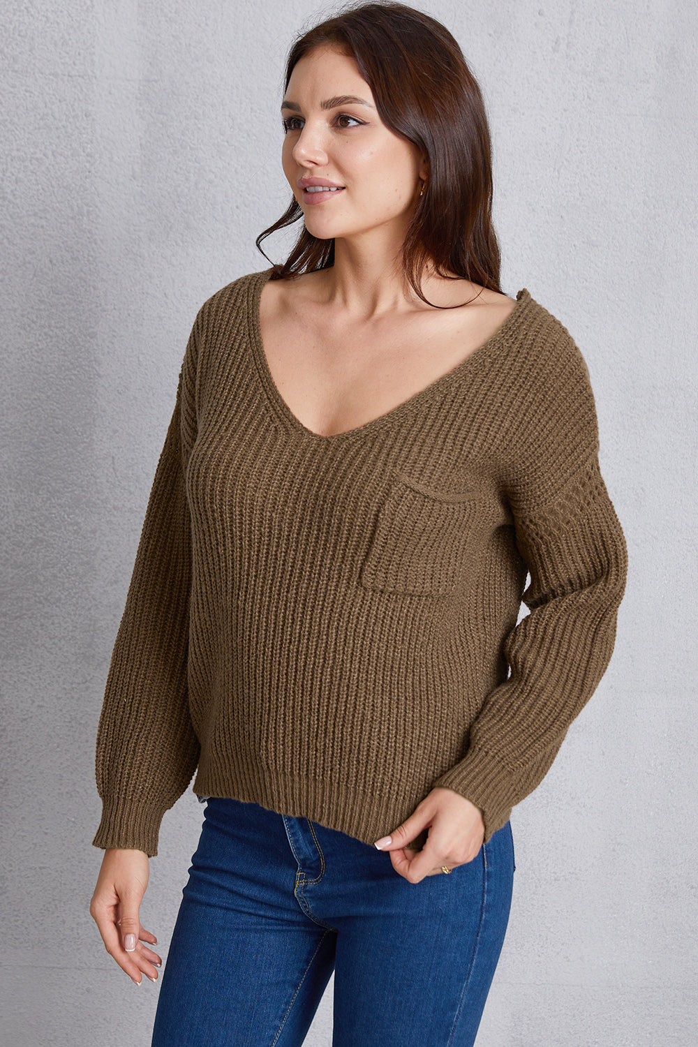 V-Neck Pocketed Dropped Shoulder Knit Top