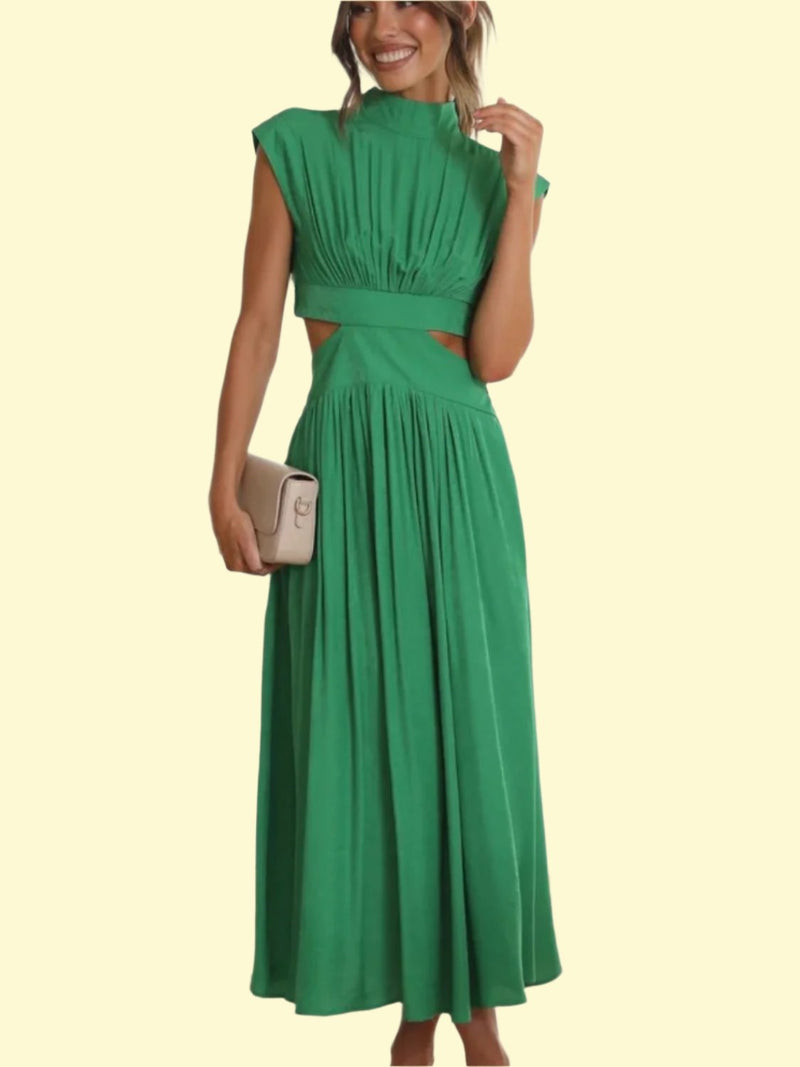 cutout mock neck sleeveless stretchy ruched maxi dress