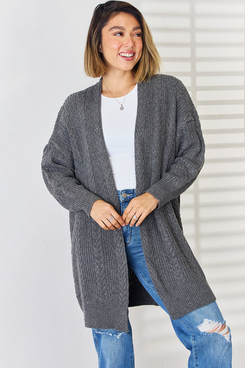 Cable-Knit Open Front Dropped Shoulder Cardigan