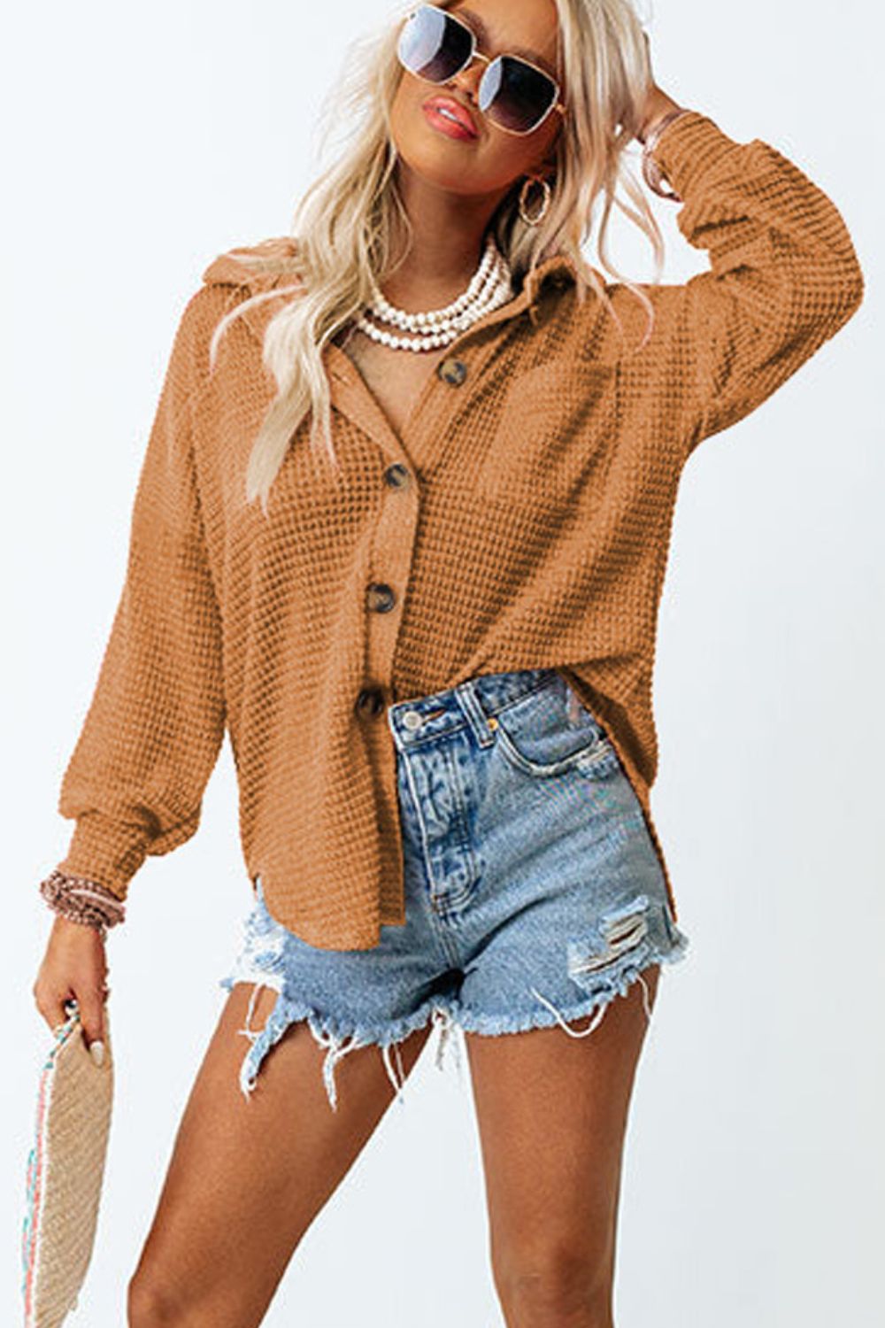 Waffle-Knit Collared Neck Long Sleeve Shirt