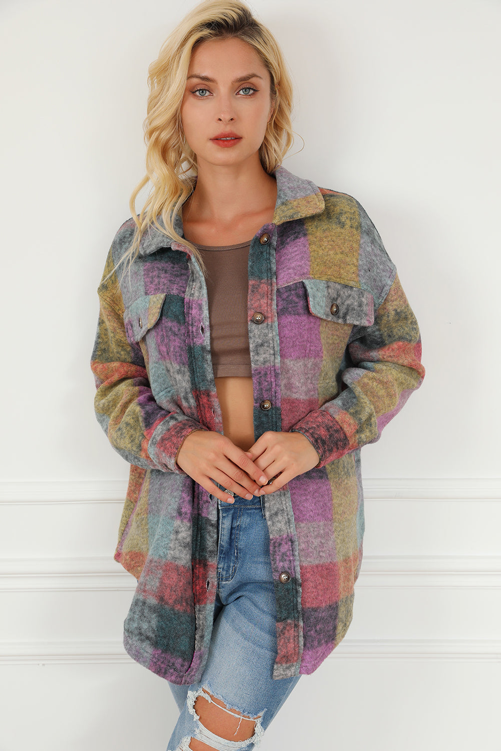 Plaid Collared Neck Button Front Jacket