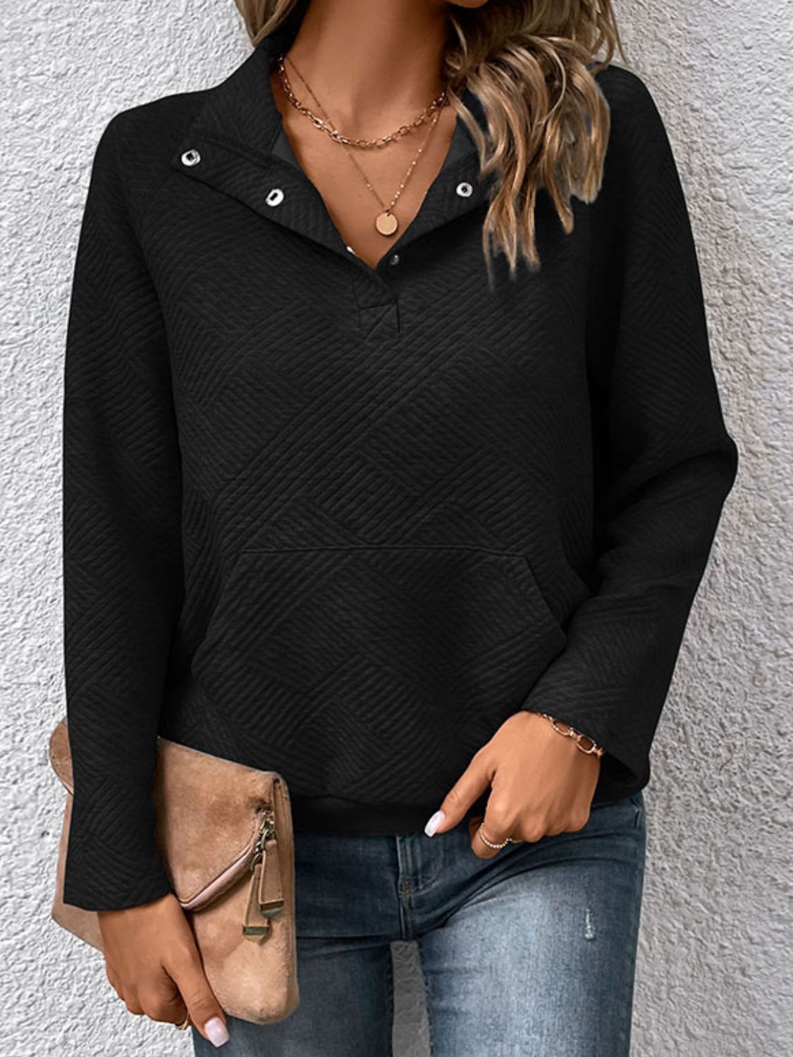 Half Buttoned Collared Neck Sweatshirt with Pocket