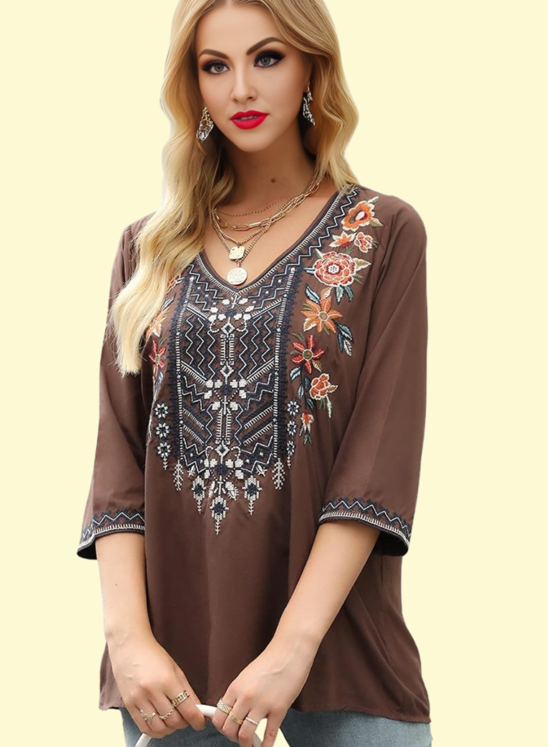 boho embroidered top in brown