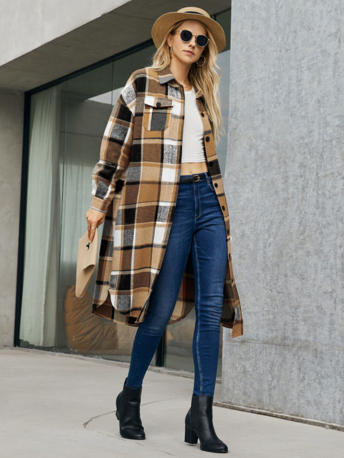 Plaid Pocketed Button Up Trench Coat