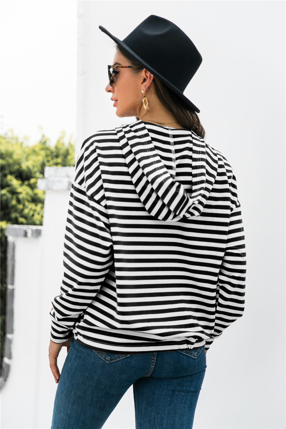 Striped Half-Button Dropped Shoulder Hoodie