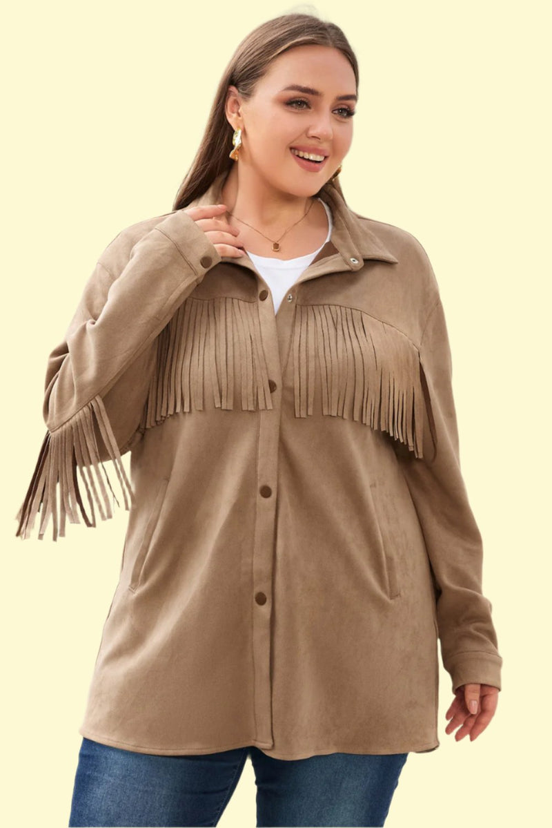 Plus Size Fringe Trim Snap Down Long Sleeve Shacket