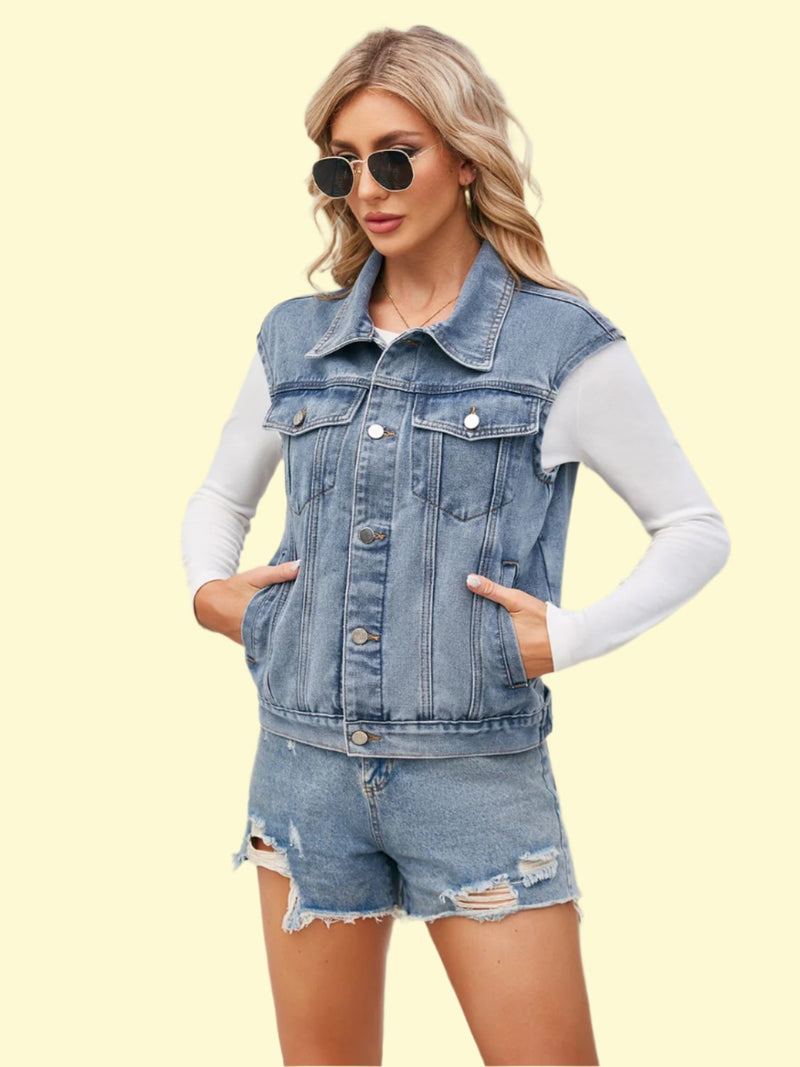 Button Up Cap Sleeve Denim Jacket