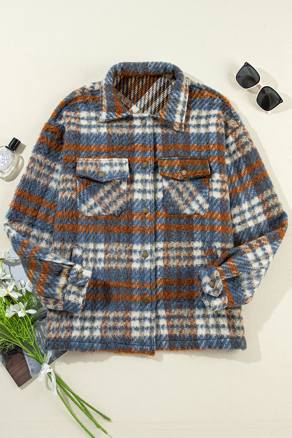 Plaid Collared Neck Jacket with Chest Pockets