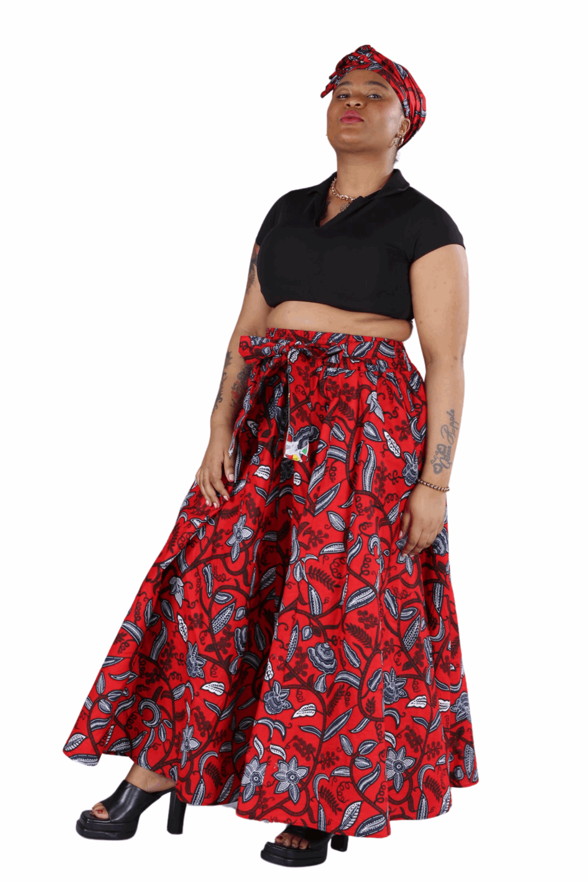 AFRICAN RED ABSTRACT PRINTED MAXI FLARED LONG SKIRT