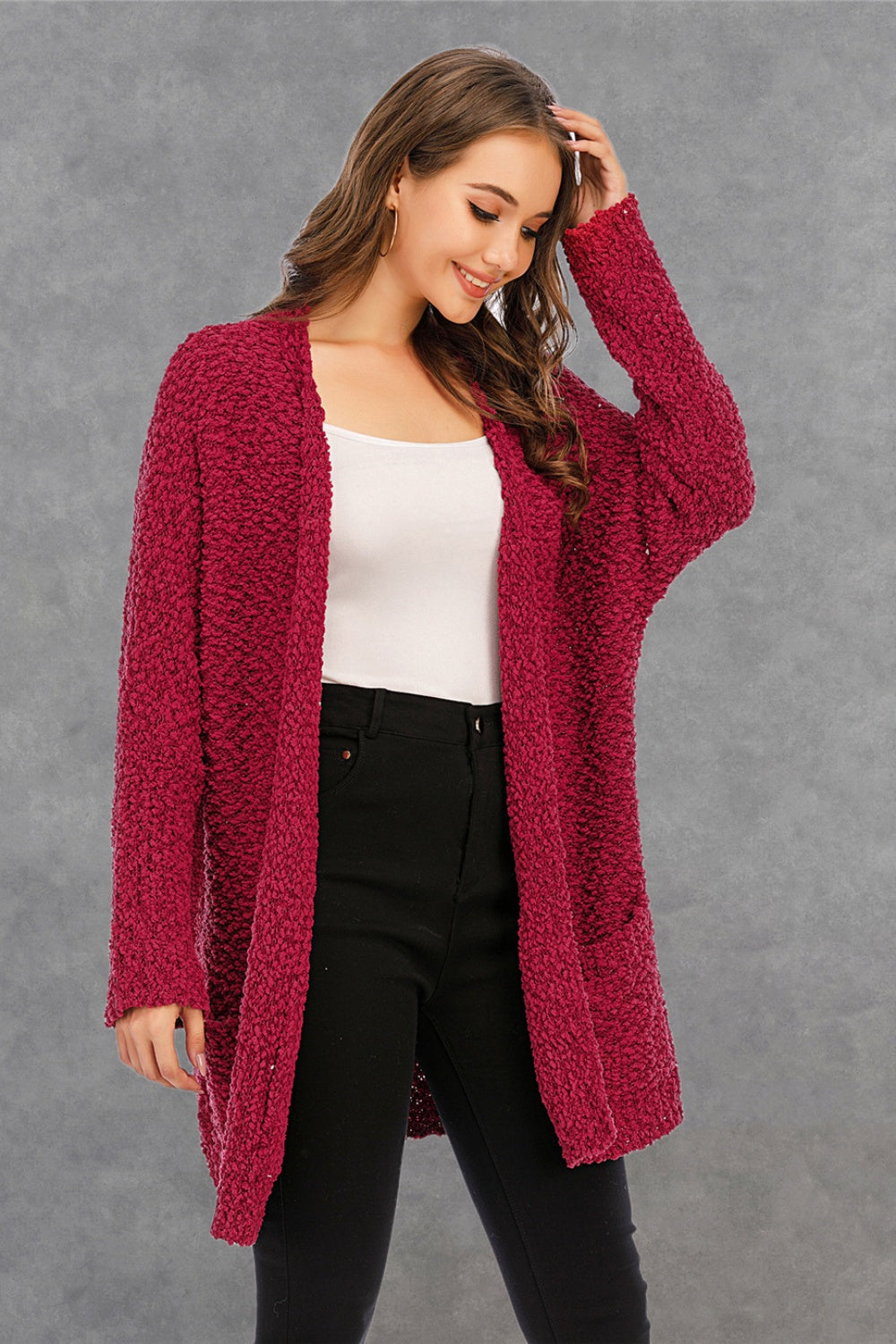 Pocketed Open Front Long Sleeve Cardigan