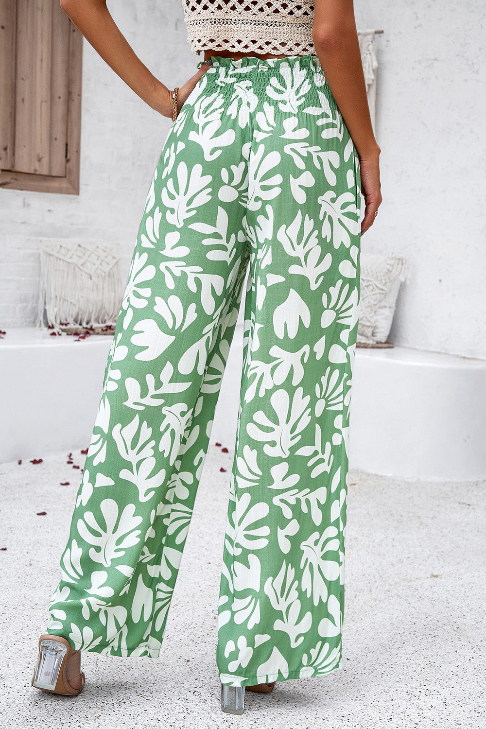 Smocked Printed Wide Leg Pants with Pockets