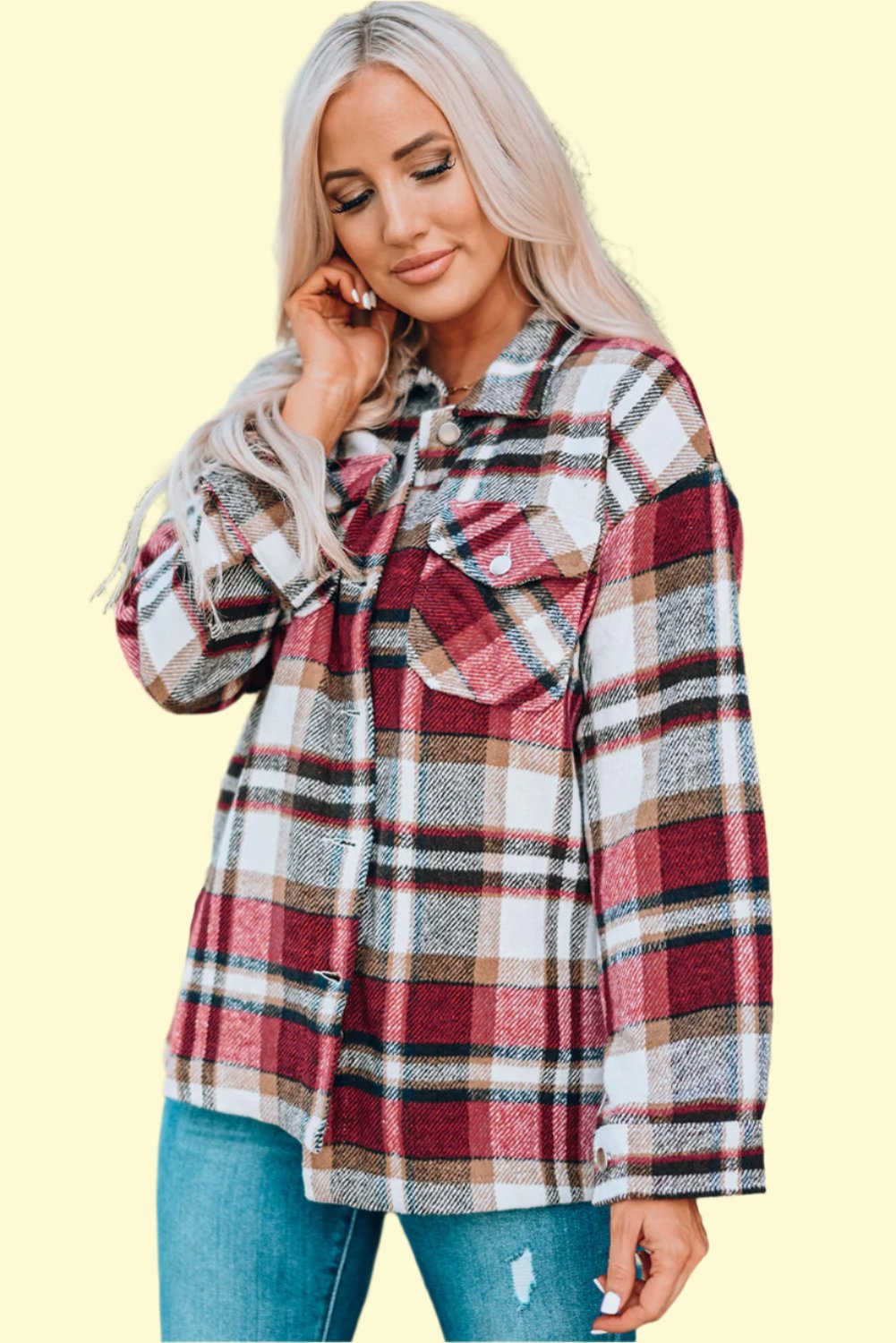 Model posing in Plaid Button Front Shirt Jacket with Breast Pockets