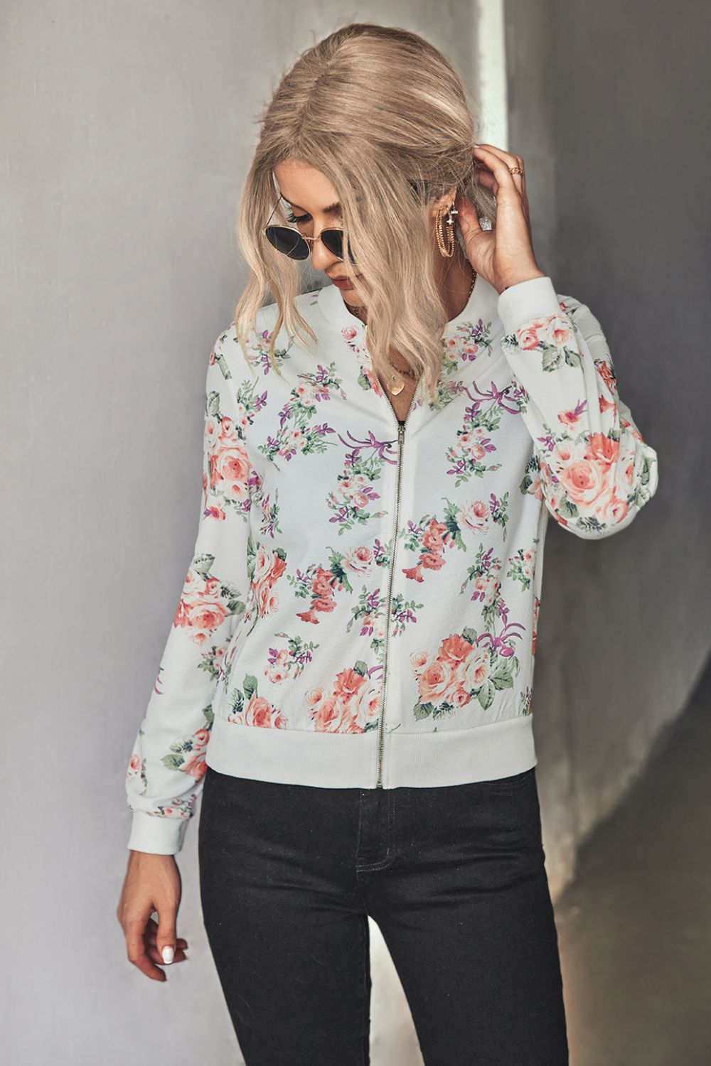 Floral Zip Up Ribbed Trim Bomber Jacket