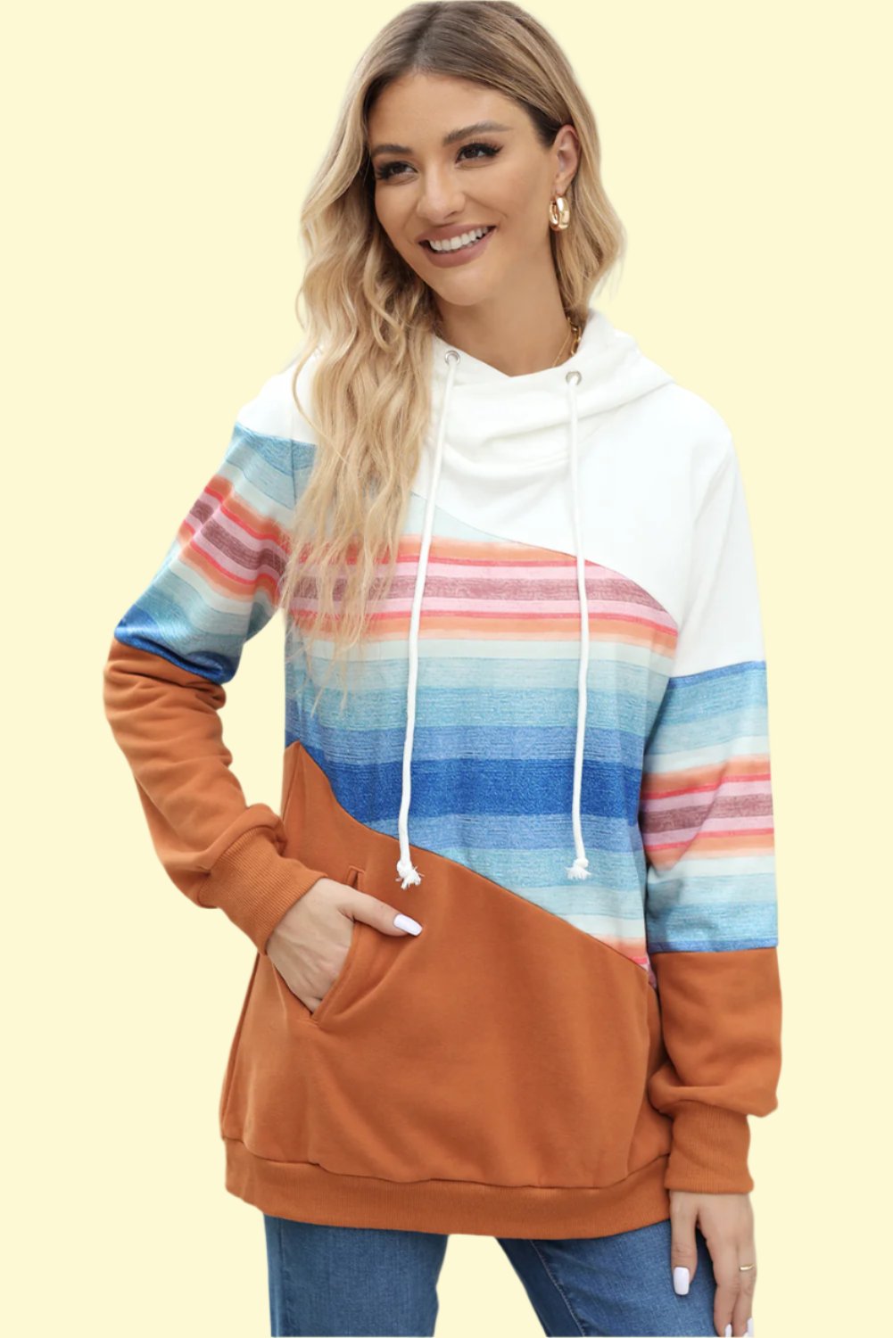 Drawstring Color Block Hoodie with Pockets