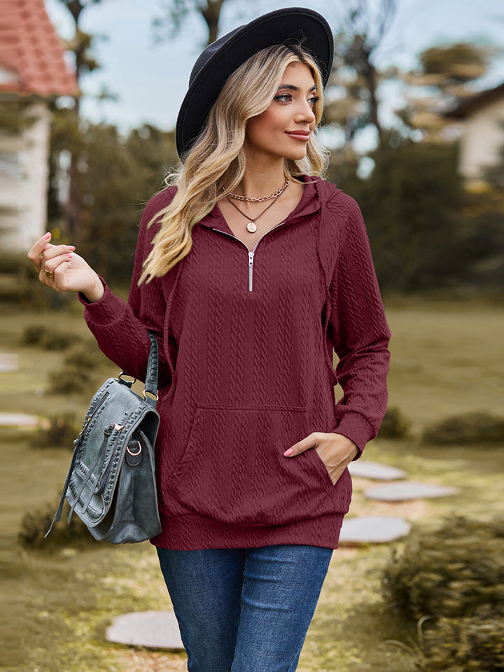 Cable-Knit Zip-Up Hooded Blouse