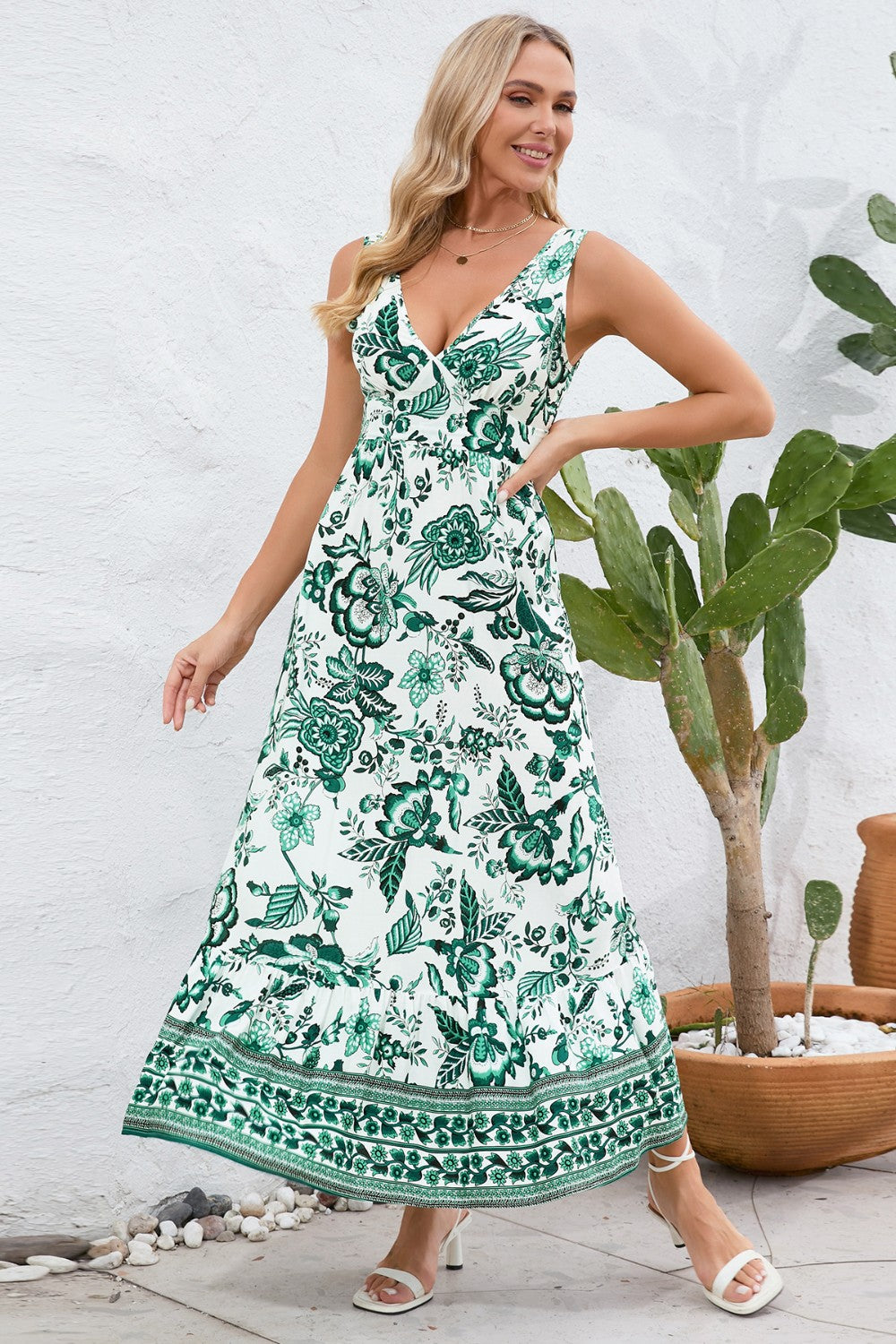 Printed V-Neck Wide Strap Dress