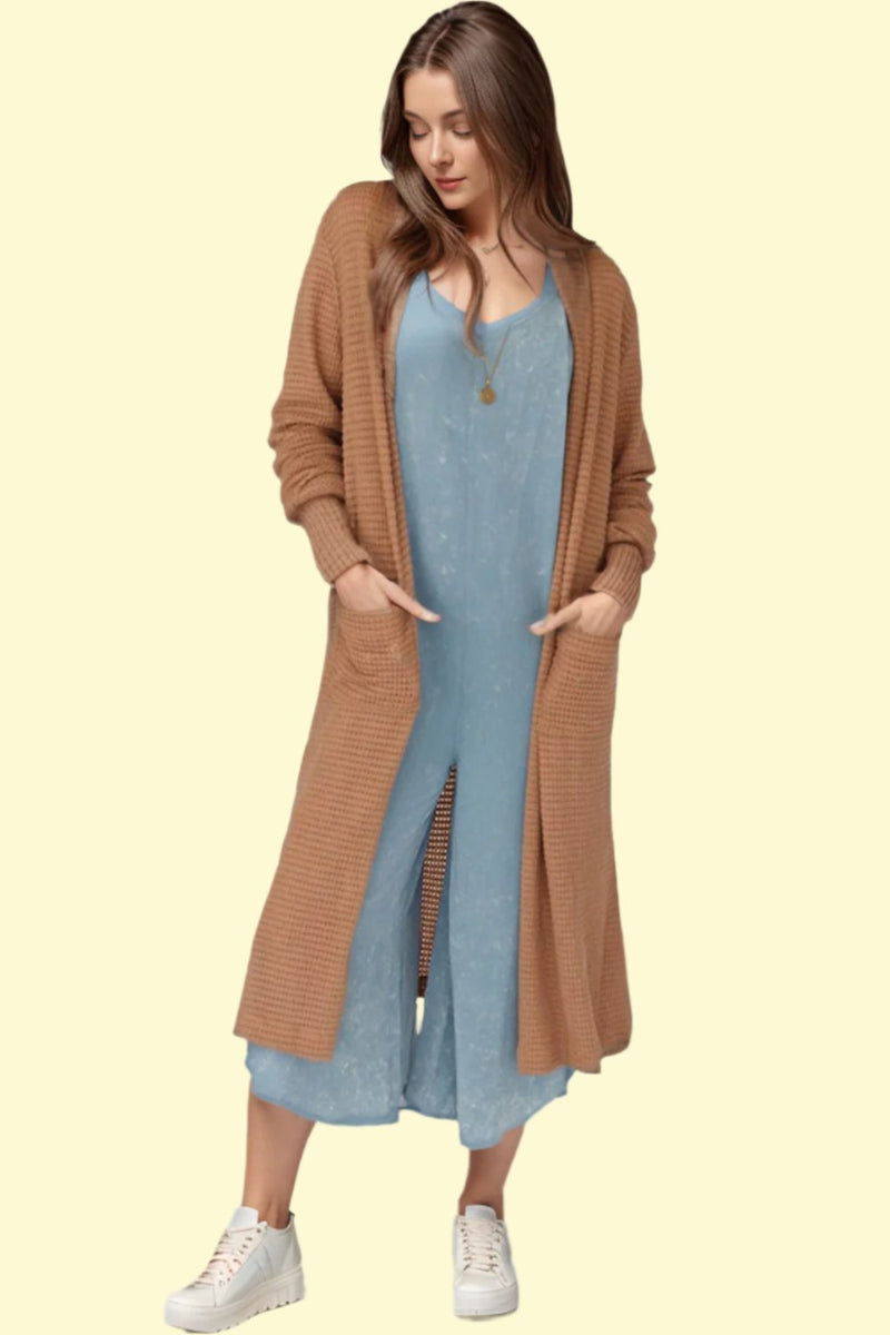 Open Front Long Sleeve Longline Slit Cardigan