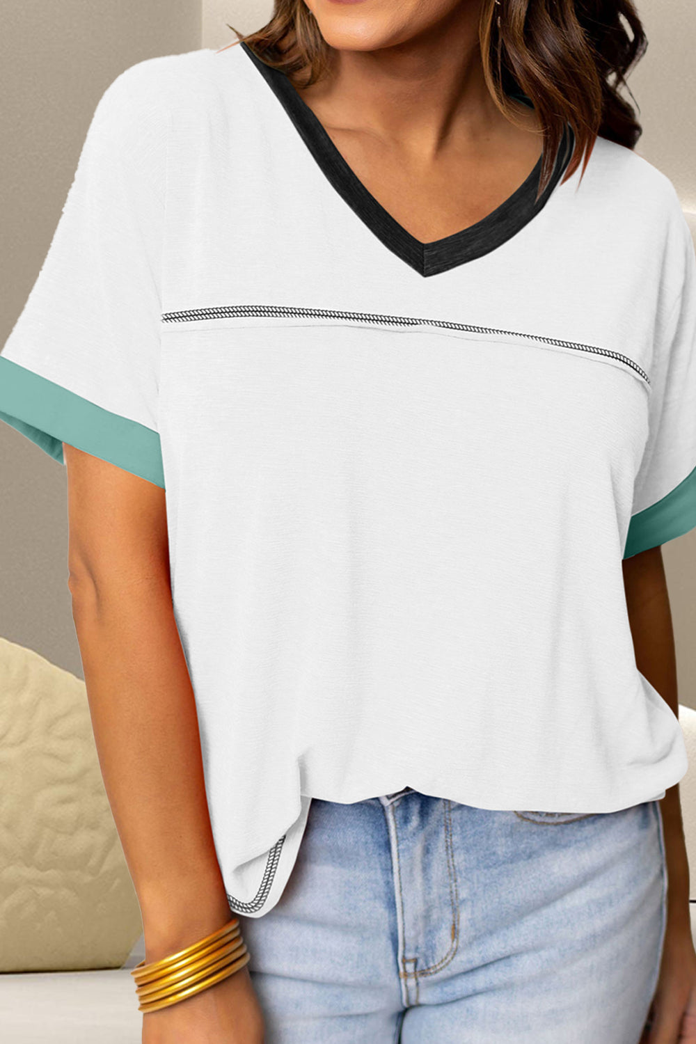 Color Block V-Neck Short Sleeve T-Shirt