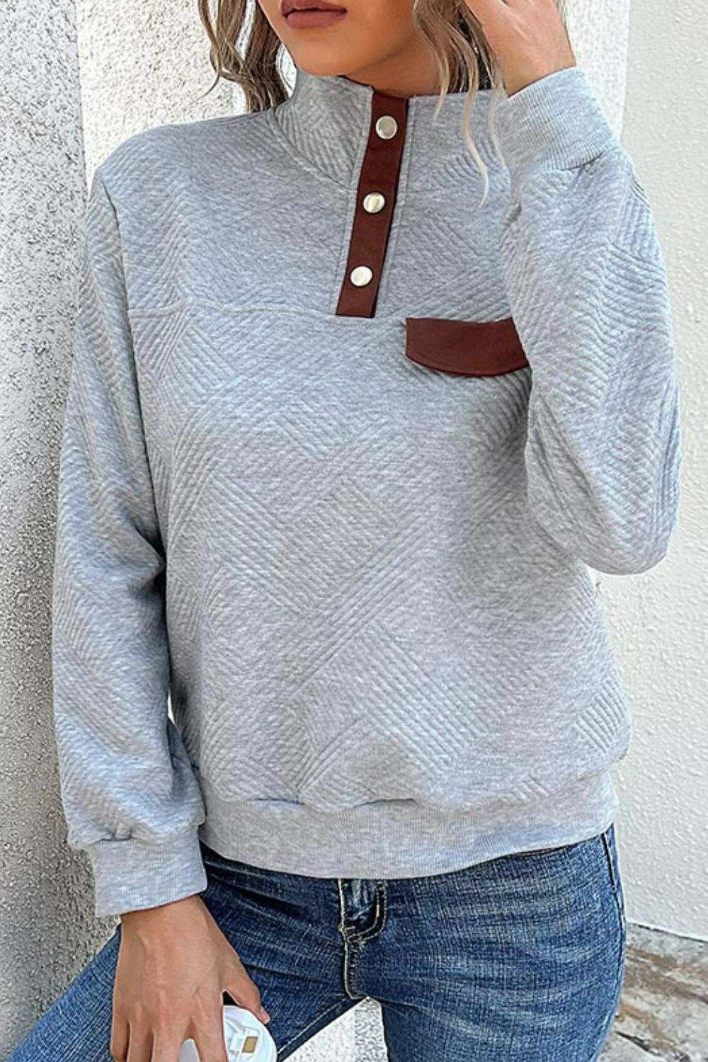 Contrast Ribbed Quarter-Snap Sweatshirt