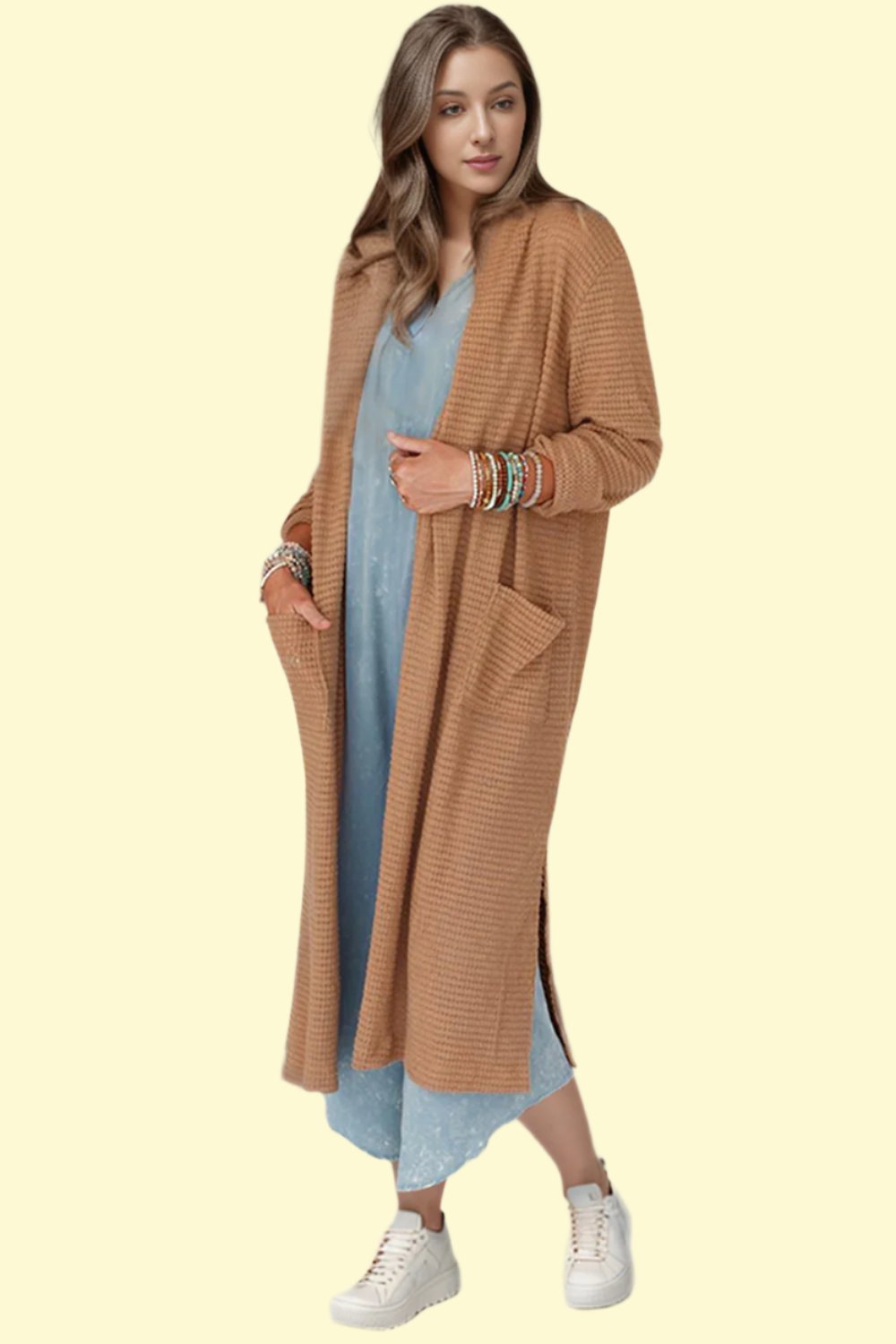 Open Front Long Sleeve Longline Slit Cardigan