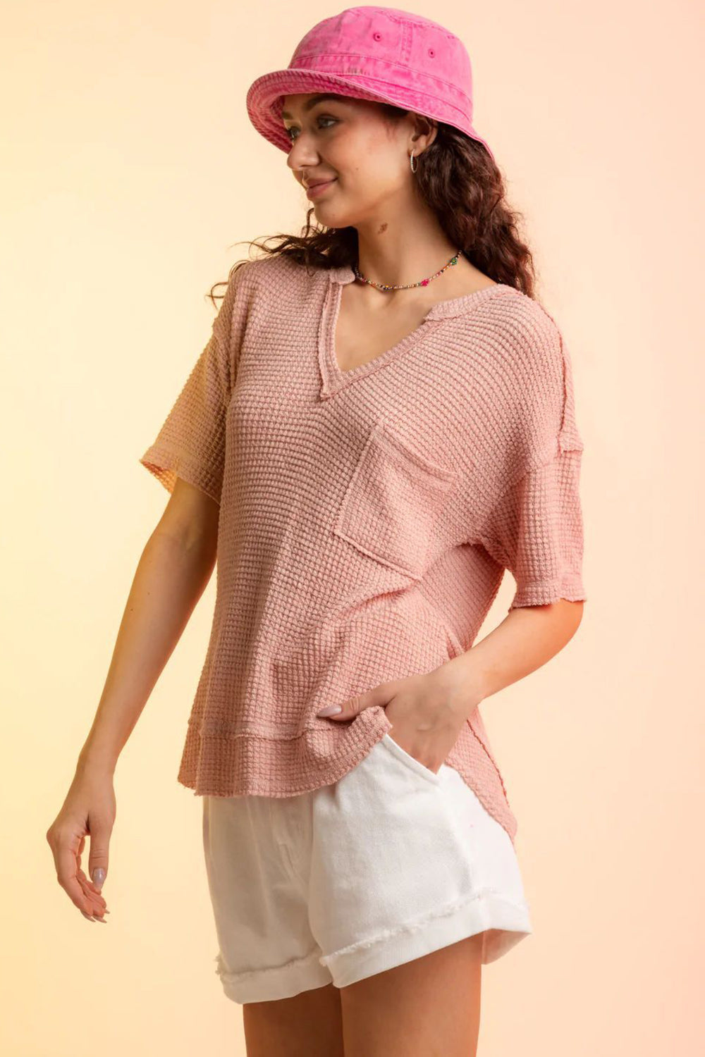 Waffle-Knit Notched Half Sleeve T-Shirt