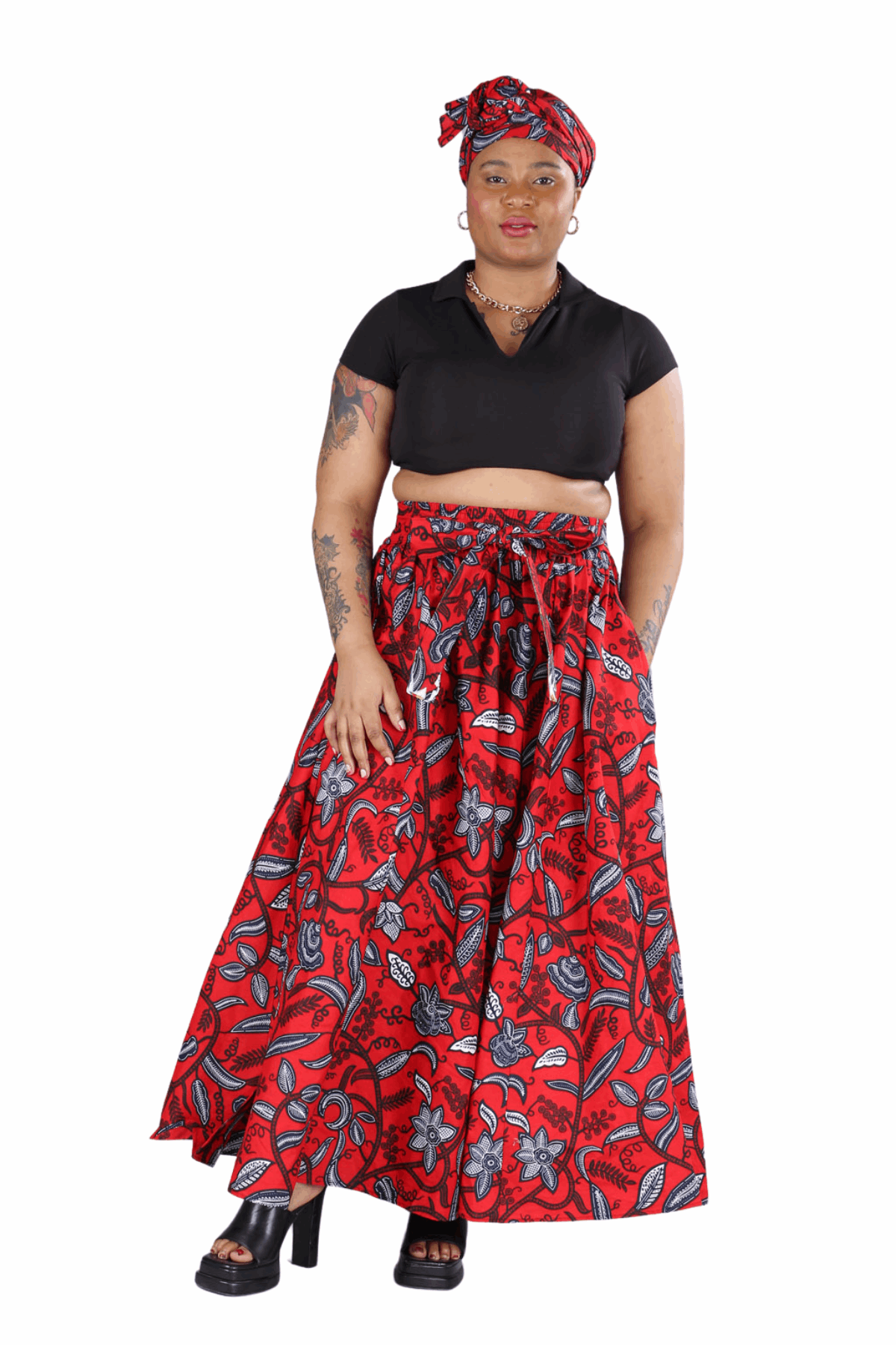 AFRICAN RED ABSTRACT PRINTED MAXI FLARED LONG SKIRT