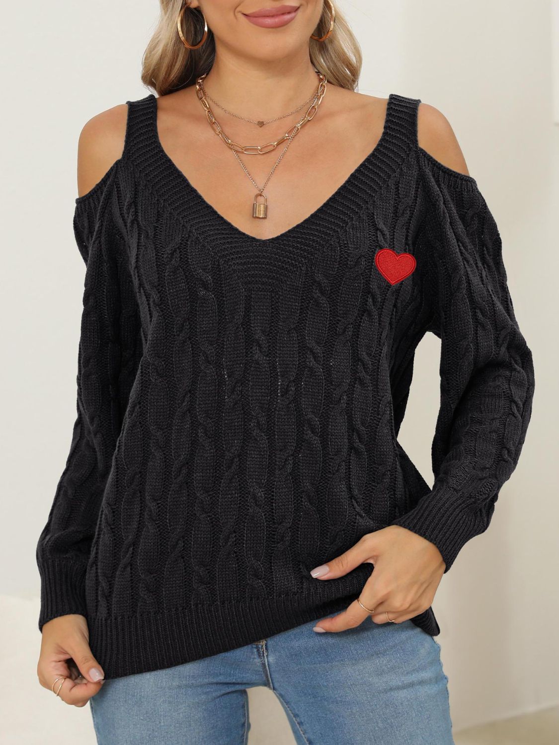 Cable-Knit Heart V-Neck Sweater