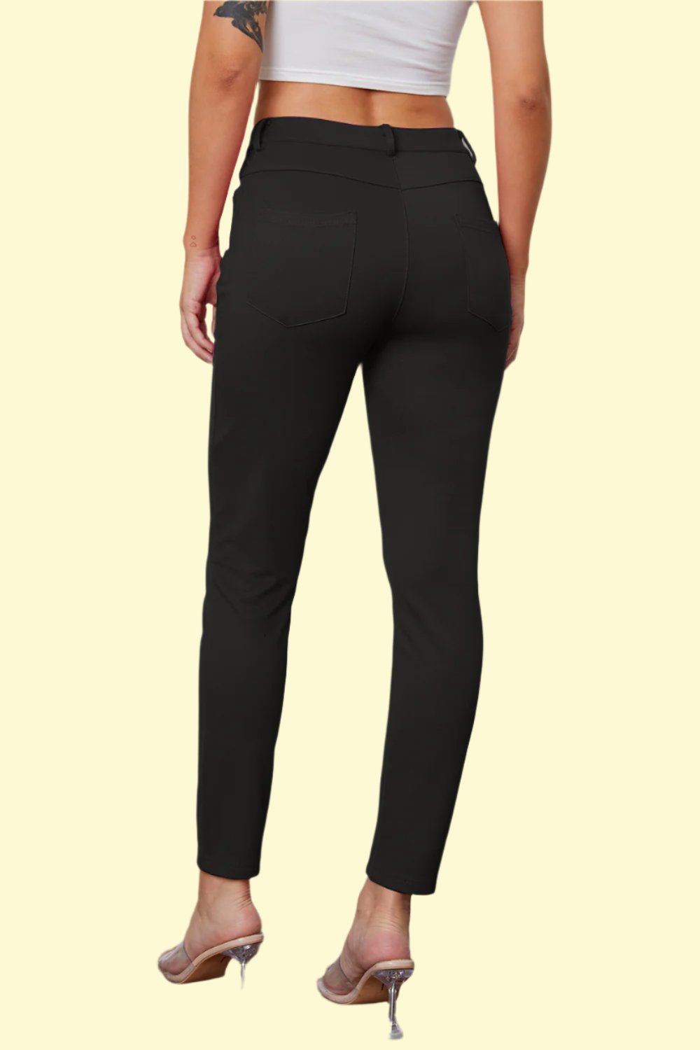 black stretchy pants with pockets