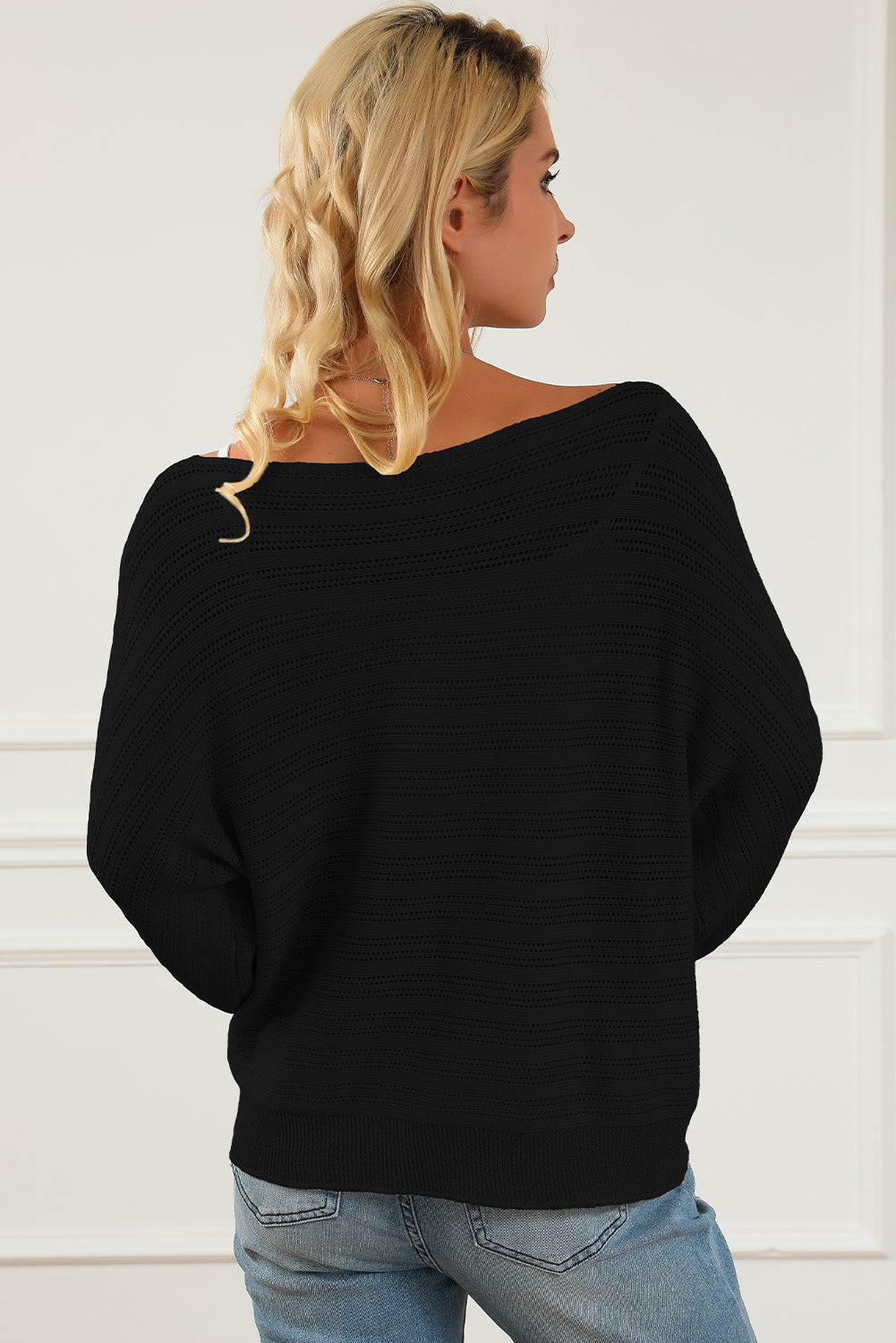 Openwork Boat Neck Lantern Sleeve Sweater