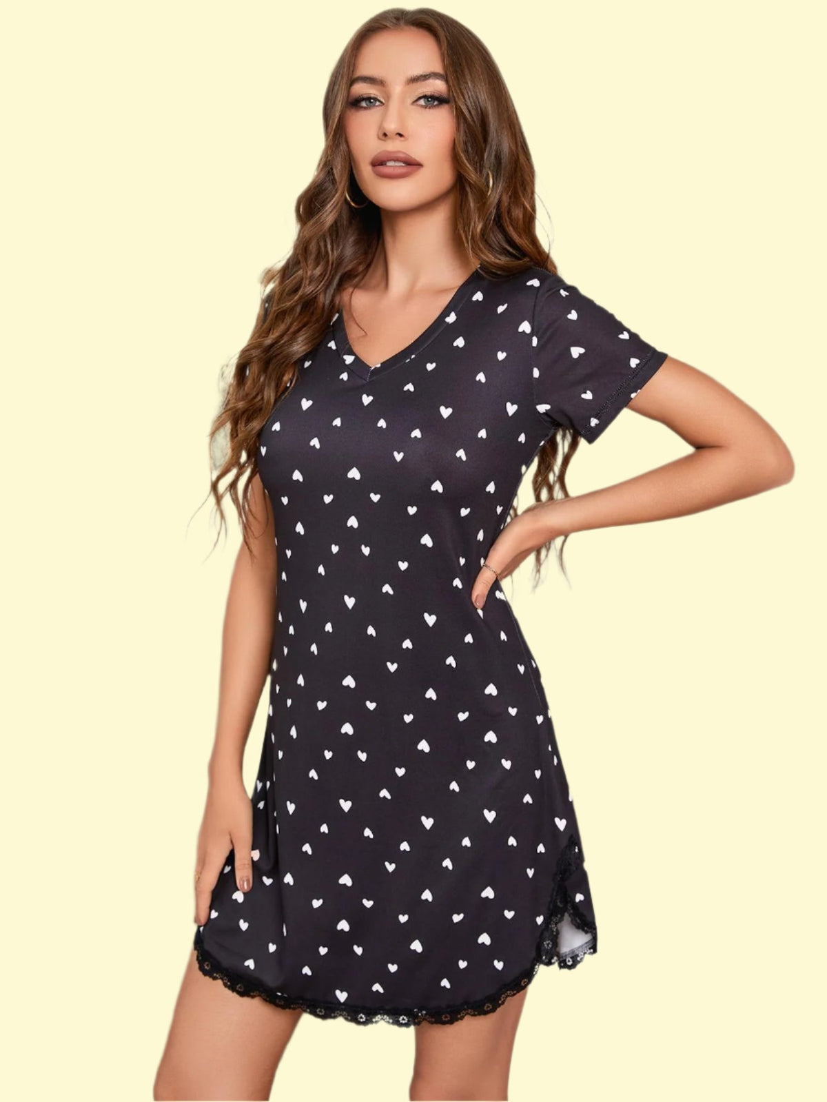 Heart V-Neck Short Sleeve Lace Trim Night Dress