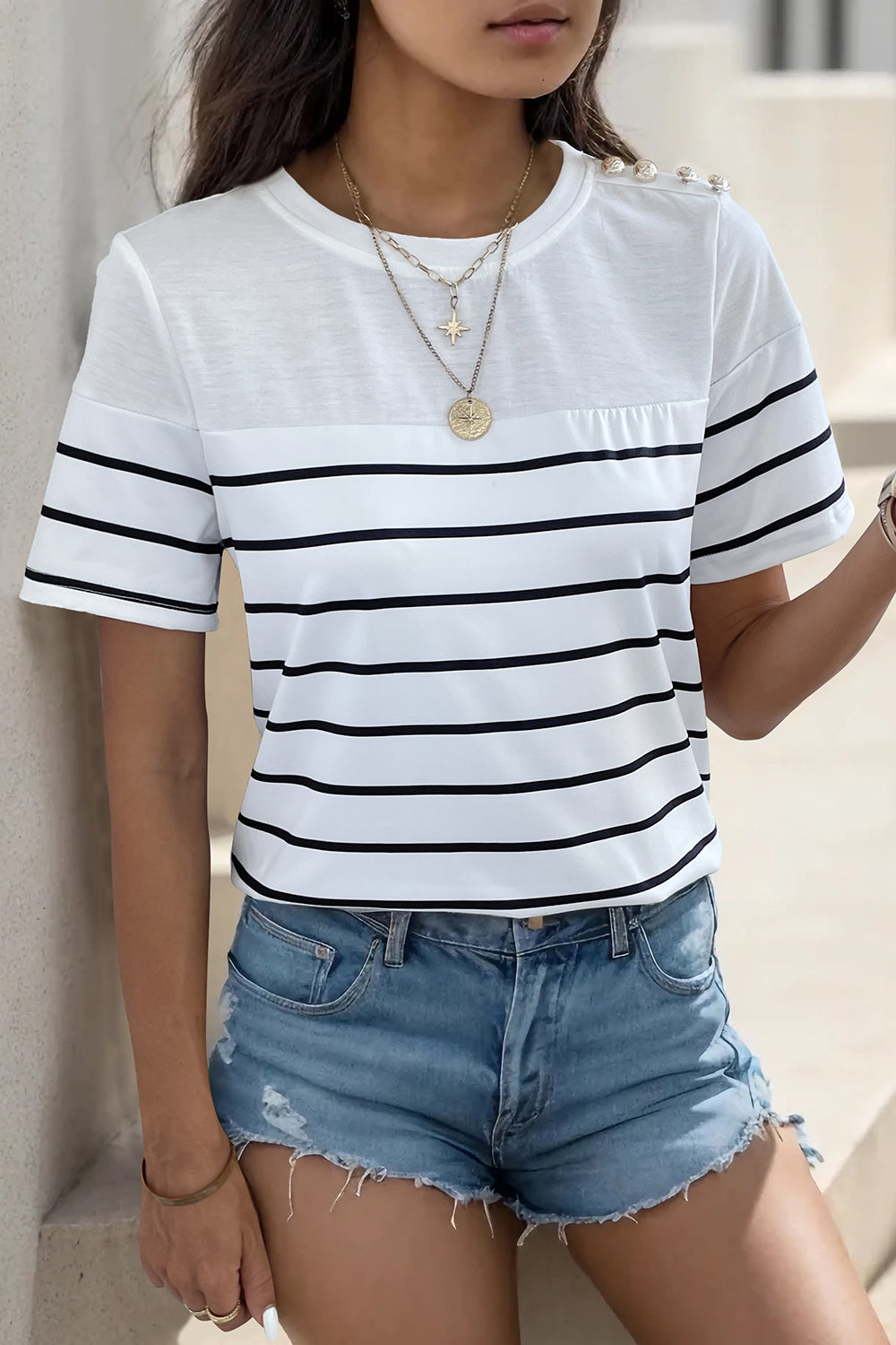 Decorative Button Striped Short Sleeve T-Shirt