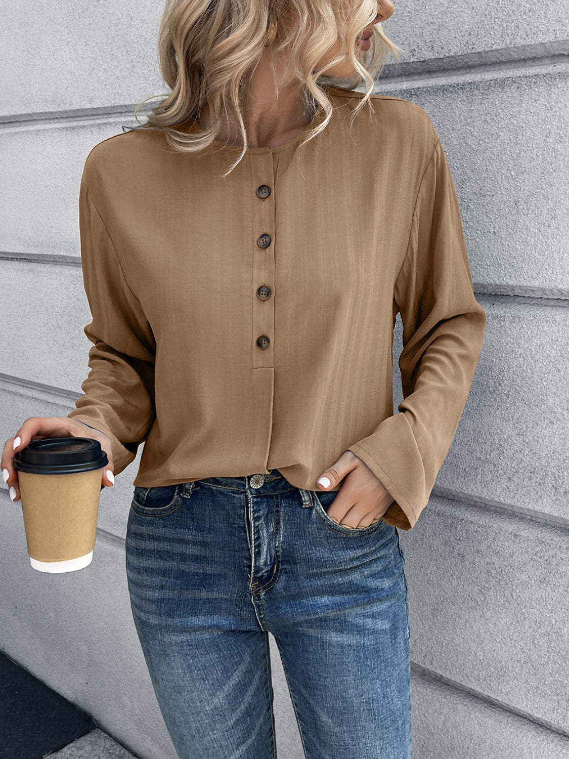 Half Button Long Sleeve Blouse