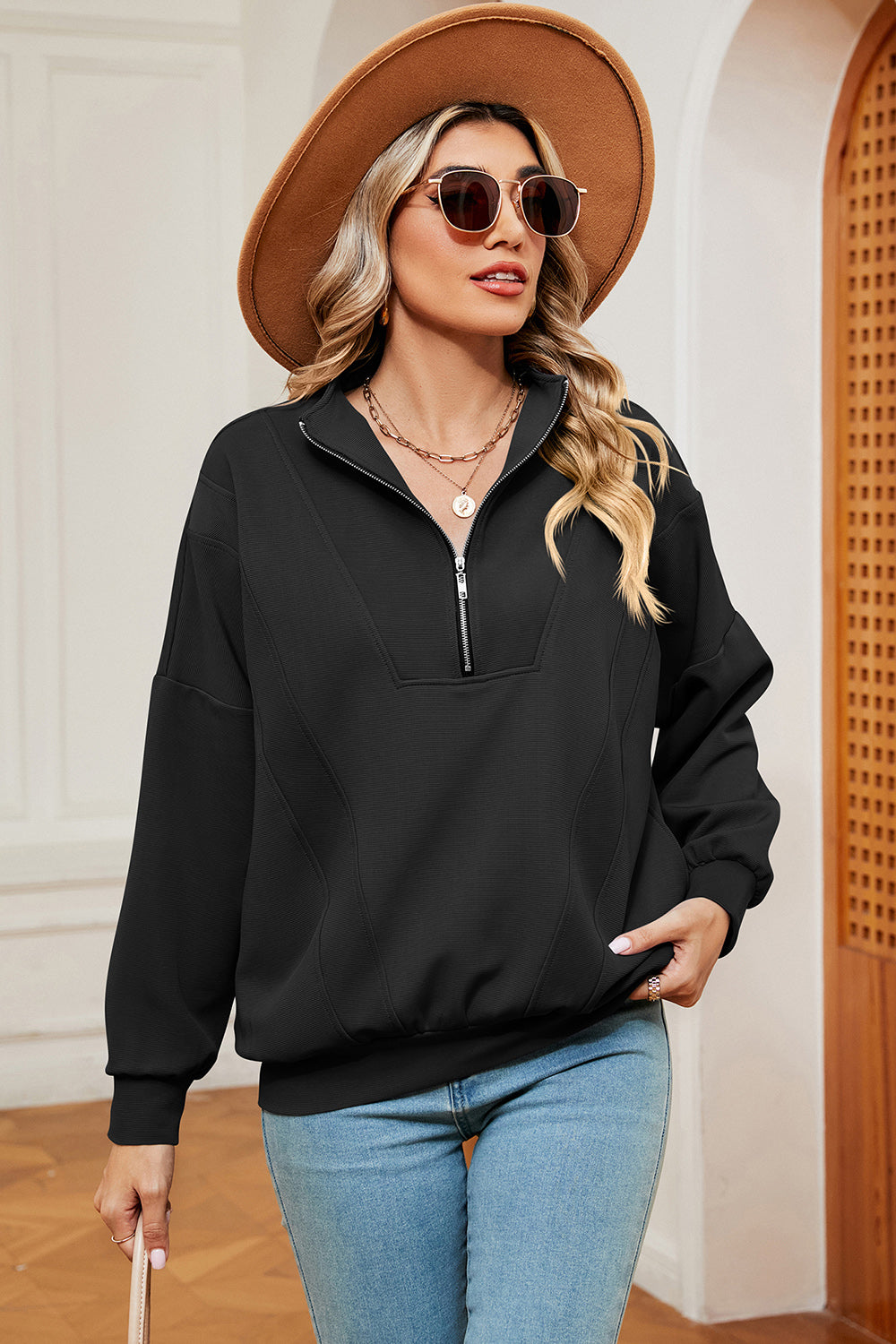 Half Zip Dropped Shoulder Sweatshirt