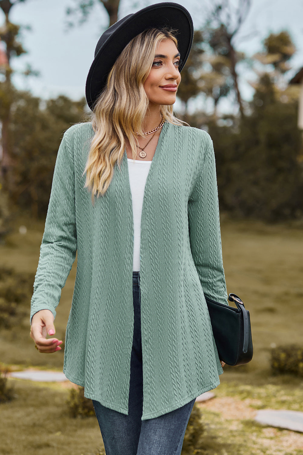 Textured Open Front Long Sleeve Cardigan