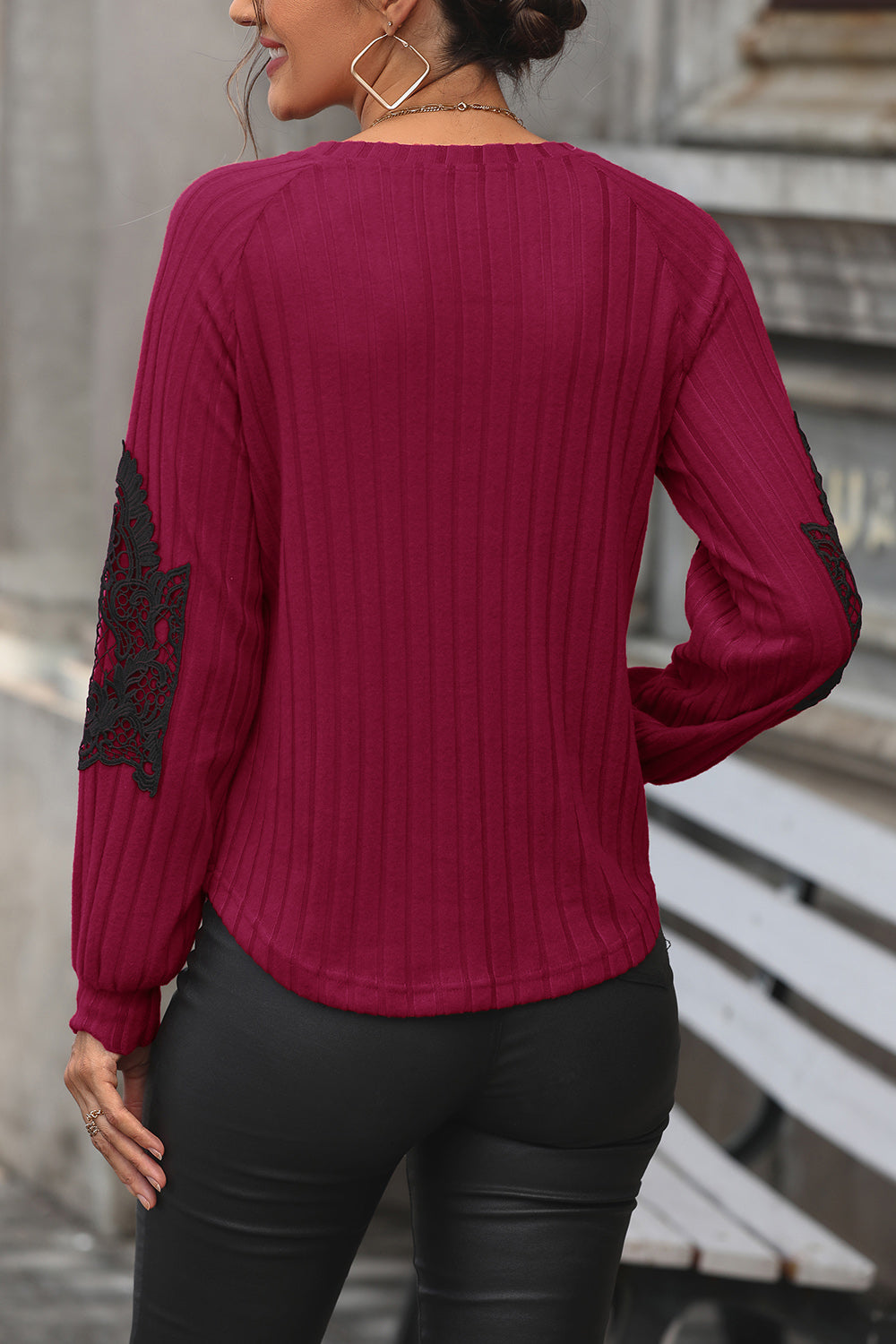 Ribbed Lace Detail V-Neck Sweater