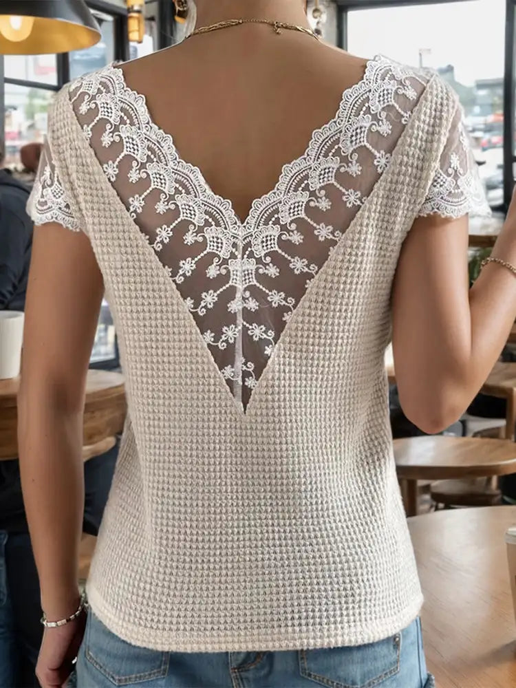 Lace Detail V-Neck Short Sleeve Blouse