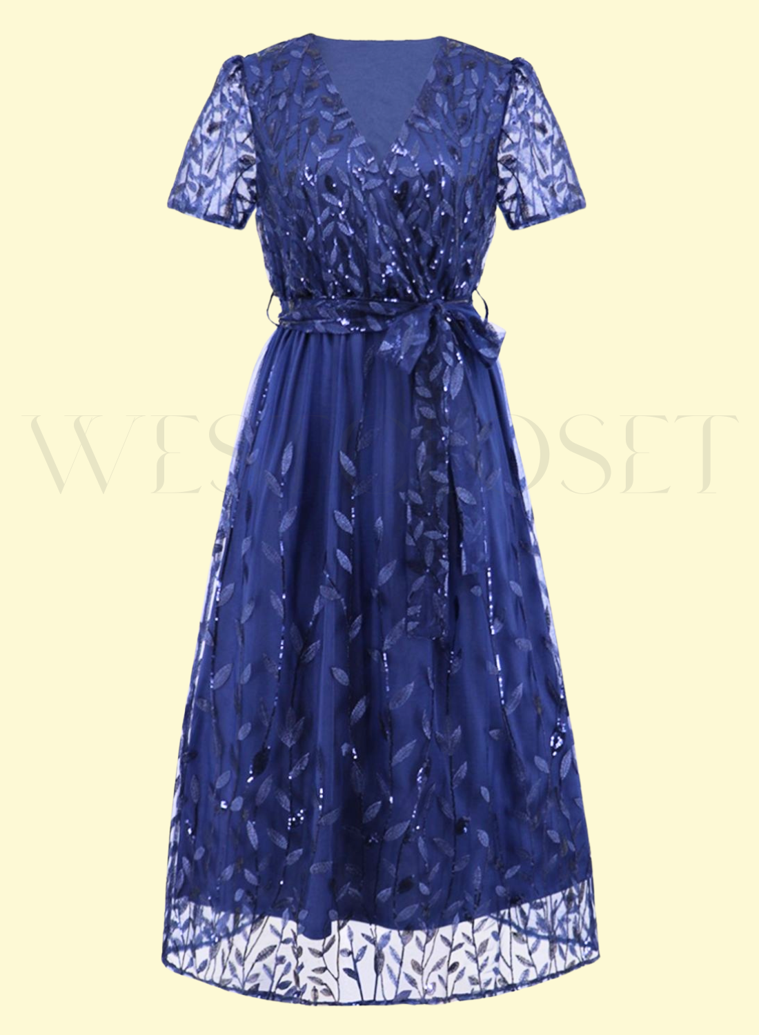 front view of dark blue tie-front dress by West Closet